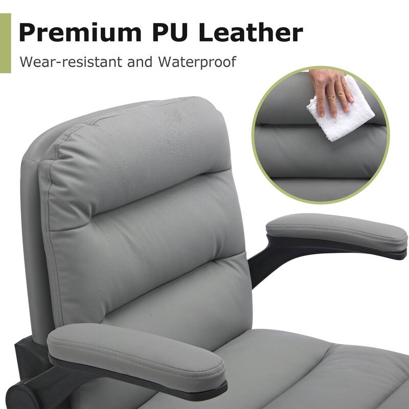 Javlergo White PU Leather Office Chair Adjustable Back 360° Swivel Chair with Flip-Up Arms Ergonomic Desk Chair for Home Office
