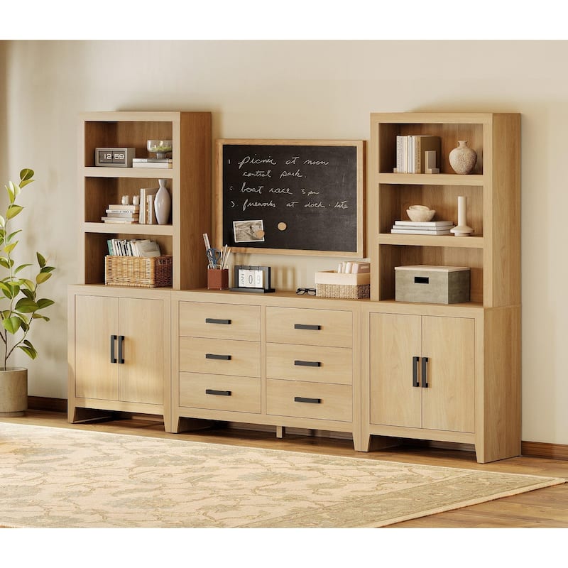 WAMPAT Farmhouse Entertainment Center with Bookshelves, Modular TV Stand with Storage Drawers