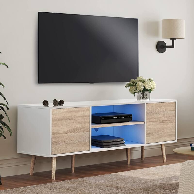 WAMPAT Mid Century Modern TV Stand Entertainment Center - blue light - White
