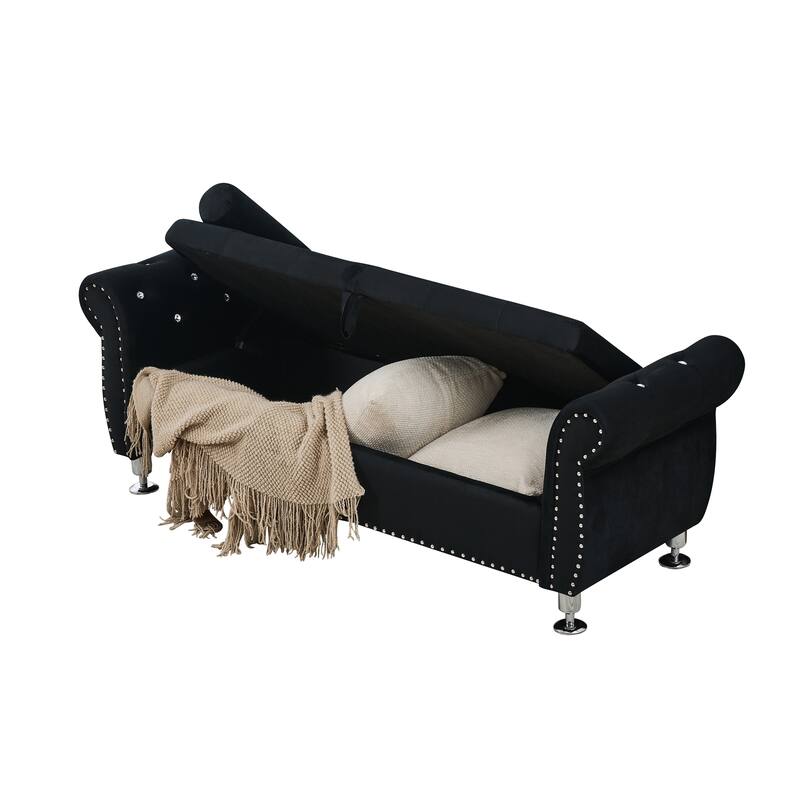Velvet Storage Bench 62.2 Inch Upholstered Tufted Ottoman Bench with Rolled Arms, Large End of Bed Bench with Rivet Decoration