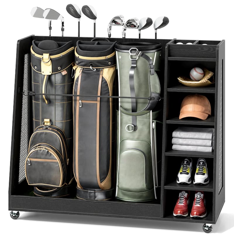 Moasis Wooden Golf Bag Organizer with Wheels for 2 or 3 Bags and Accessories Storage