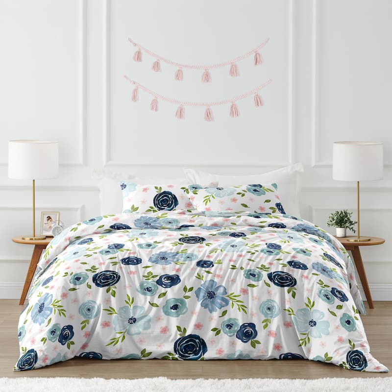 Navy Blue and Pink Watercolor Floral Girl 3pc Full/Queen Comforter Set - Blush Green White Shabby Chic Flower