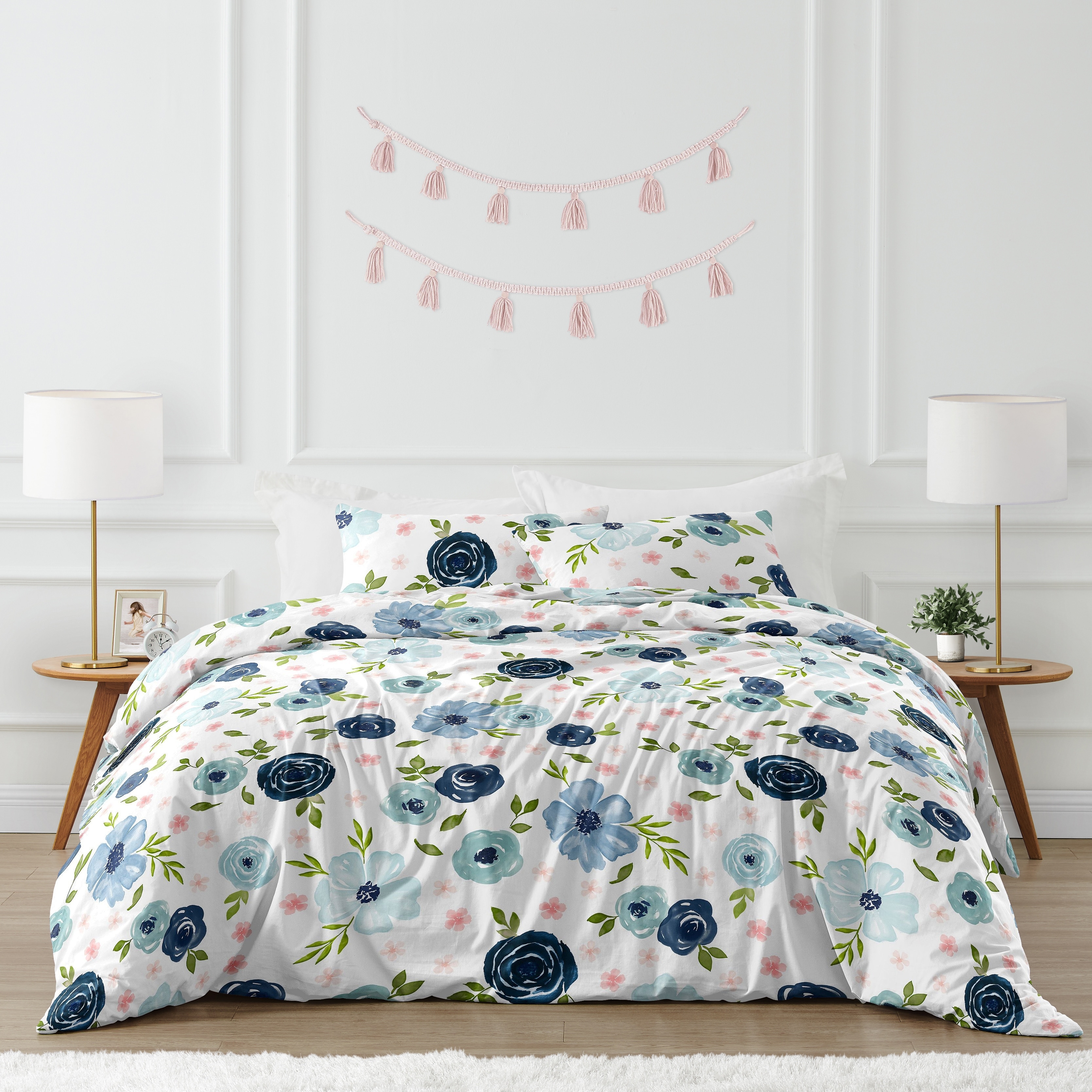 Navy Blue and Pink Watercolor Floral Girl 3pc Full/Queen Comforter Set - Blush Green White Shabby Chic Flower