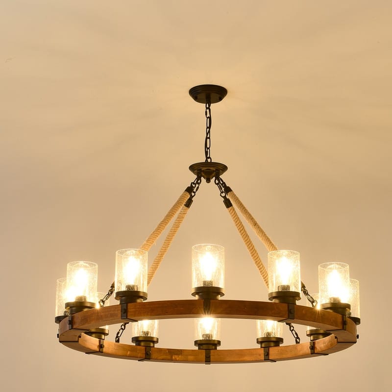 Farmhouse Wagon Wheel Chandelier Round Wood Pendant Lighting Fixture for Dining Room