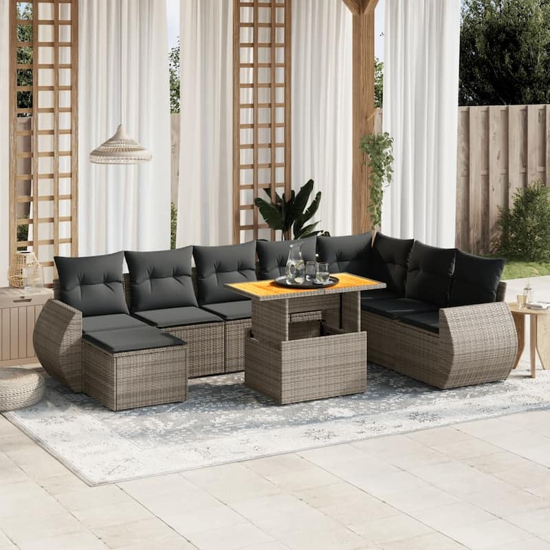 vidaXL Patio Sofa Set with Cushions Outdoor Furniture 9 Piece Poly Rattan - 21.7 x 24.4 x 27.2 - Grey-without storage