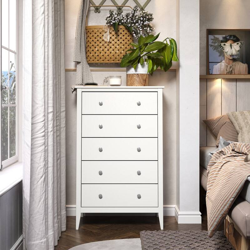 Jela Solid Wood 5 Drawer Dresser - White