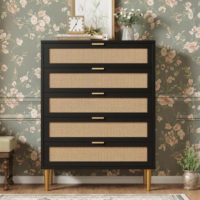 5 Drawers Tall Rattan Dresser, with Metal Legs and Handles, 44''