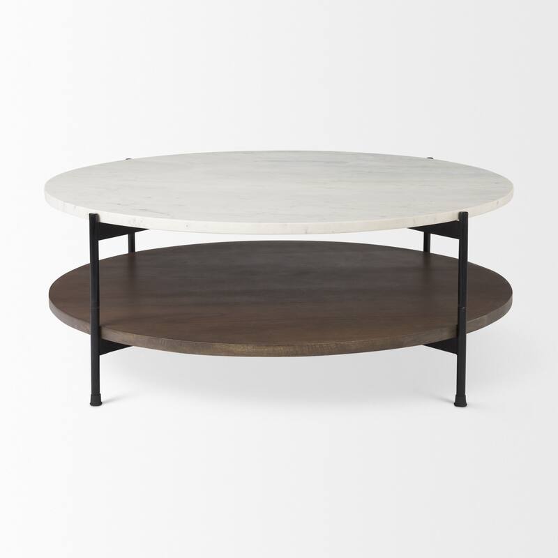 Larkin Two-Tier White Marble Top and Solid Wood Round Coffee Table