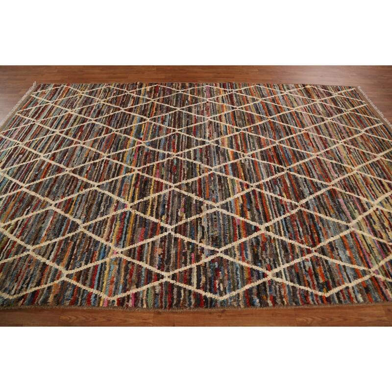 Hand Knotted Oriental 100% Wool Carpet Tribal Trellis Multi-Colored Moroccan Area Rug - 9' 10'' X 6' 5''