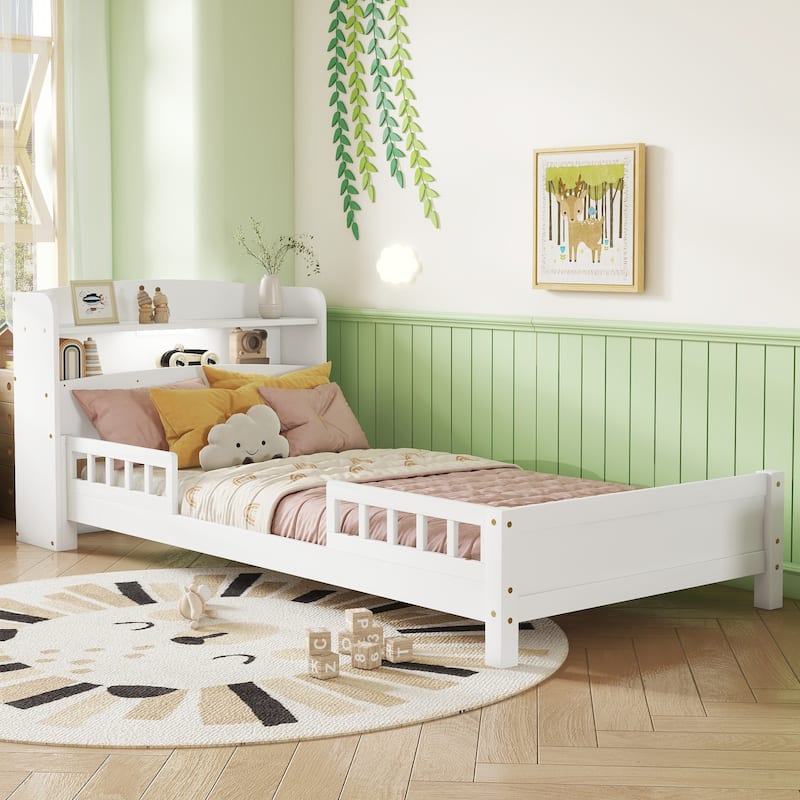 Pine Wood Twin Bed with Bookcase, LED Motion Sensor Light, Guardrails for Safety