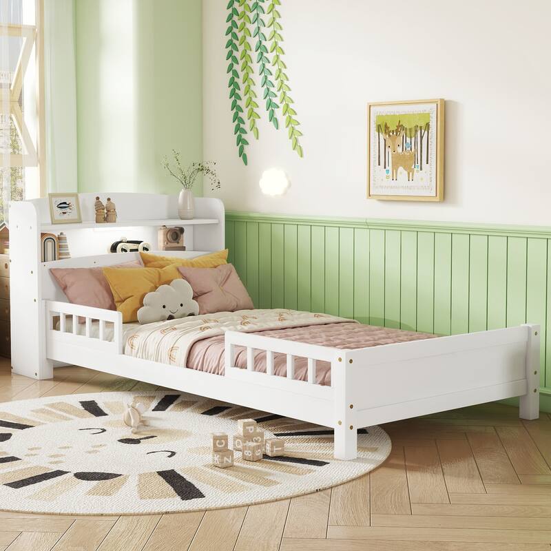 Twin Pine Wood Bed with Bookcase Headboard, LED Motion Sensor Light, Guardrails, White