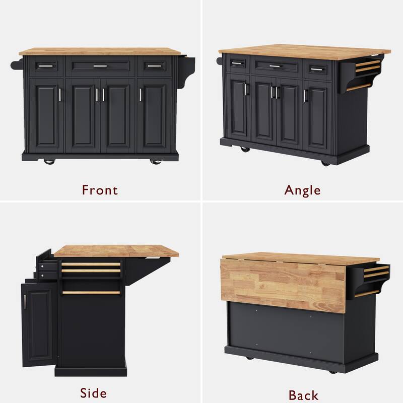 Roomfitters 54" Rolling Kitchen Island with Drop Leaf, Mobile Cart with 3 Drawers, Embossed Panels & Soft Close Doors, Black
