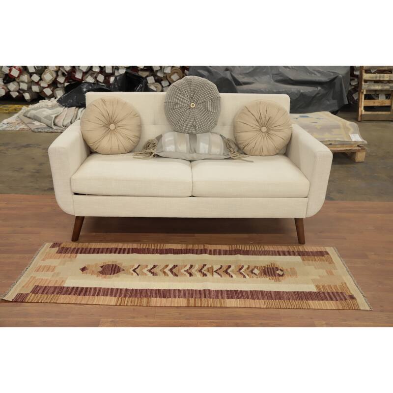 Hand Woven Oriental 100% Wool Carpet Southwestern Tribal Beige & Ivories Kilim Runner Rug - 5' 9'' X 2' 0''