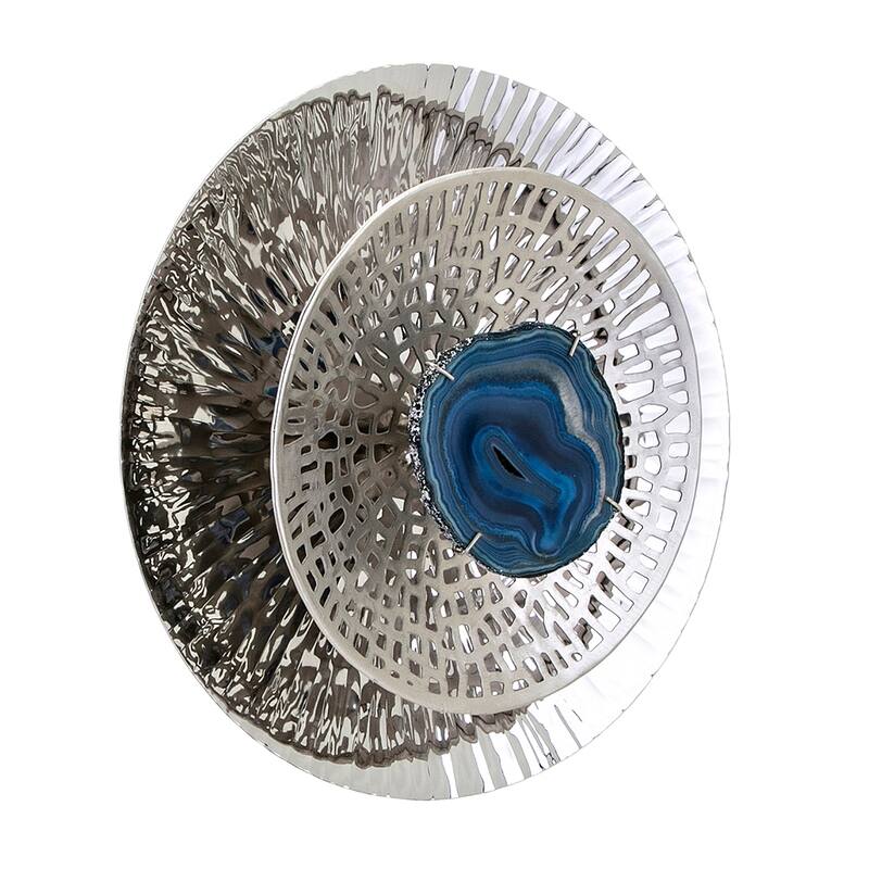 Set of 3, Modern Wall Decor Silver Textured Oversized Disc with Blue Agate, for Living Room Bedrrom Entryway Office