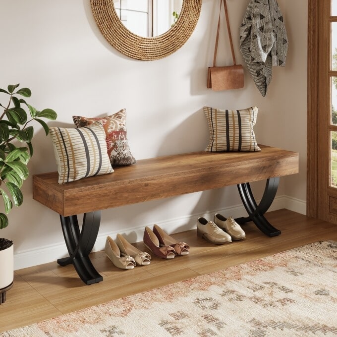 Long Entryway Shoe Bench, 55-Inch Rustic End of Bed Bench - Brown