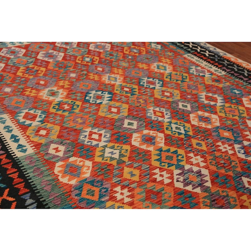 Geometric Kilim Area Rug Flatweave Oriental Orange Wool Carpet - 8'5"x 11'3"