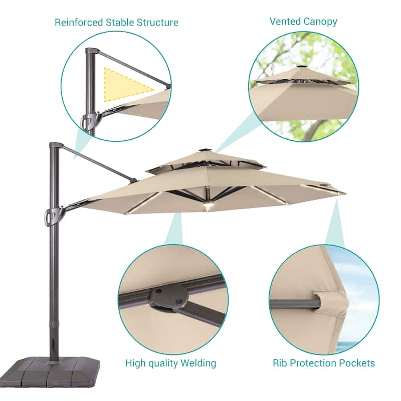 BONOSUKI 11Ft LED Double Top Aluminum LED Cantilever Patio Umbrella with Base for Patio Deck Garden, Red