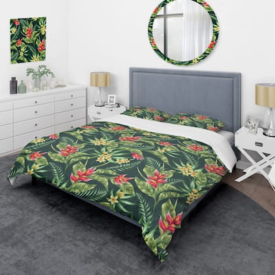 Designart 'Plumeria And Tropical Flowers With Palm Leaves On Dark' Tropical Duvet Cover Set