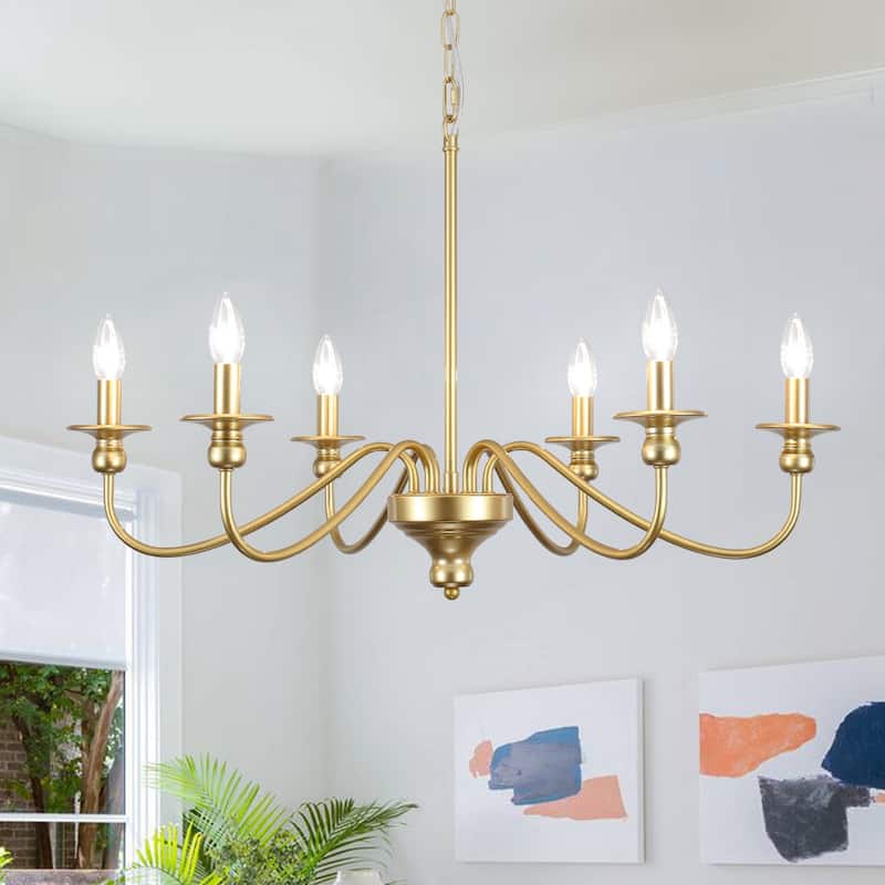 Modern Chandelier, Farmhouse 6-Light Metal Candle Chandelier for Dining Room Living Room Bedroom Kitchen - W28.34"x H16.33" - Spray Gold