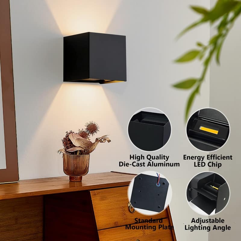 Modern Led Wall Sconces (2-pack), Black Square Up Down Lights, Ip65 Waterproof Aluminum Fixtures For Indoor/outdoor Use