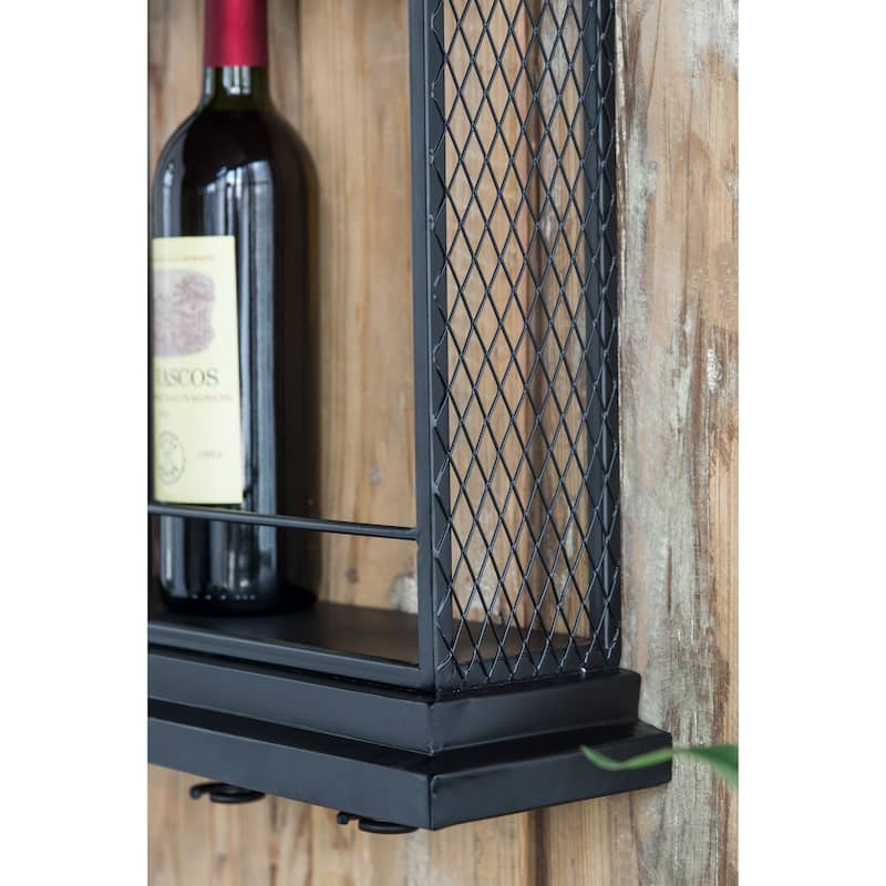 Stylish Wine Storage Rack, Wall Mounted Liquor Display Rack with Wine Glass Rack, Black Wine Bar Shelf for Bar