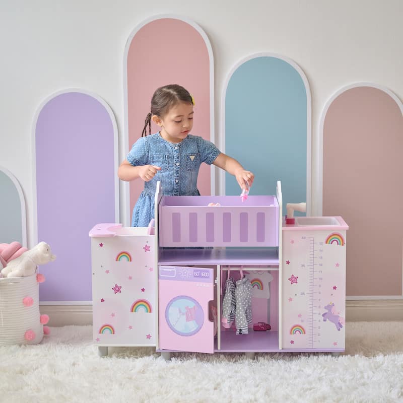 Teamson Kids Fantasy Care Wooden 6-in-1 Doll Nursery Pretend Play Set - Dollhouse with Furniture and Accessories, Toddler Gift