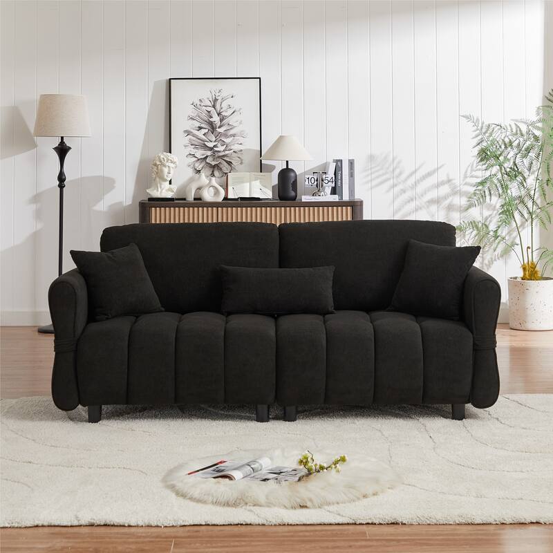 80'' Chenille Fabric Sofa with Lumbar Pillow, 3-seater Upholstered Sofa Chaise with 2 Cushions for Livingroom