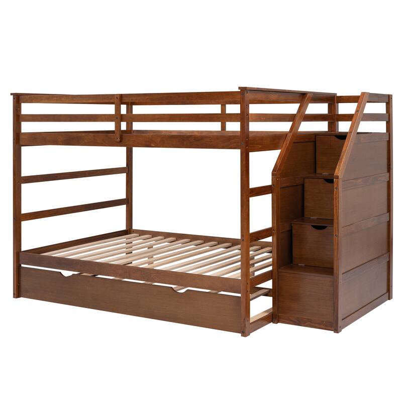 Bunk Bed with Trundle with Safety Guardrail and 3 Storage Stairs, Triple Bunk Multifunctional Space-Saving Solution for Bedroom