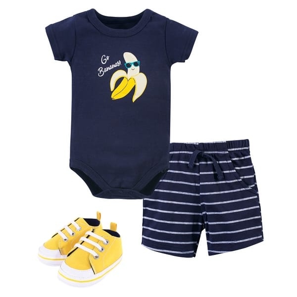 slide 1 of 1, Hudson Baby Infant Boy Cotton Bodysuit, Shorts and Shoe 3pc Set, Go Bananas 0-3 Months - Go Bananas