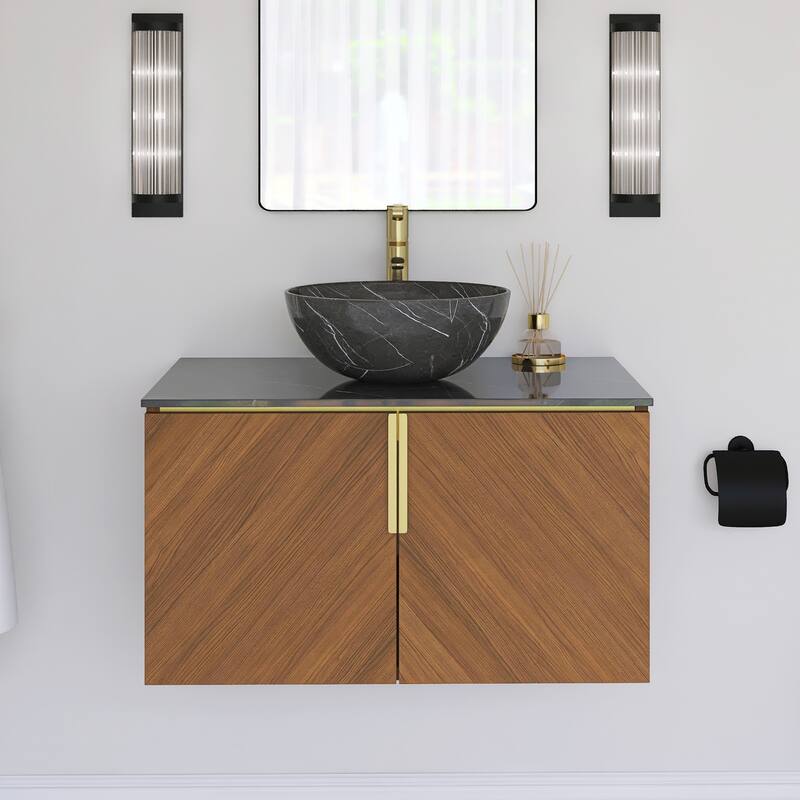 Wall-Mounted Bathroom Vanity with Round Ceramic Sink - 29.92'' x 19.69'' x 20.9'' - Brown Oak and Black and White