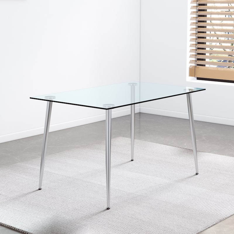 Modern Minimalist Rectangular Glass Dining Table for 4-6 with 0.31" Tempered Glass Tabletop and Silver plating Metal Legs