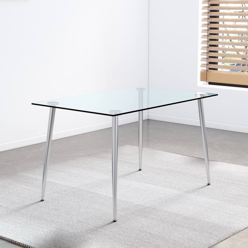 Modern Rectangular Dining Table Set for 4, 51" Glass Table with 4 Faux Leather Chairs, 5-Piece Stylish Dining Table & Chair Set