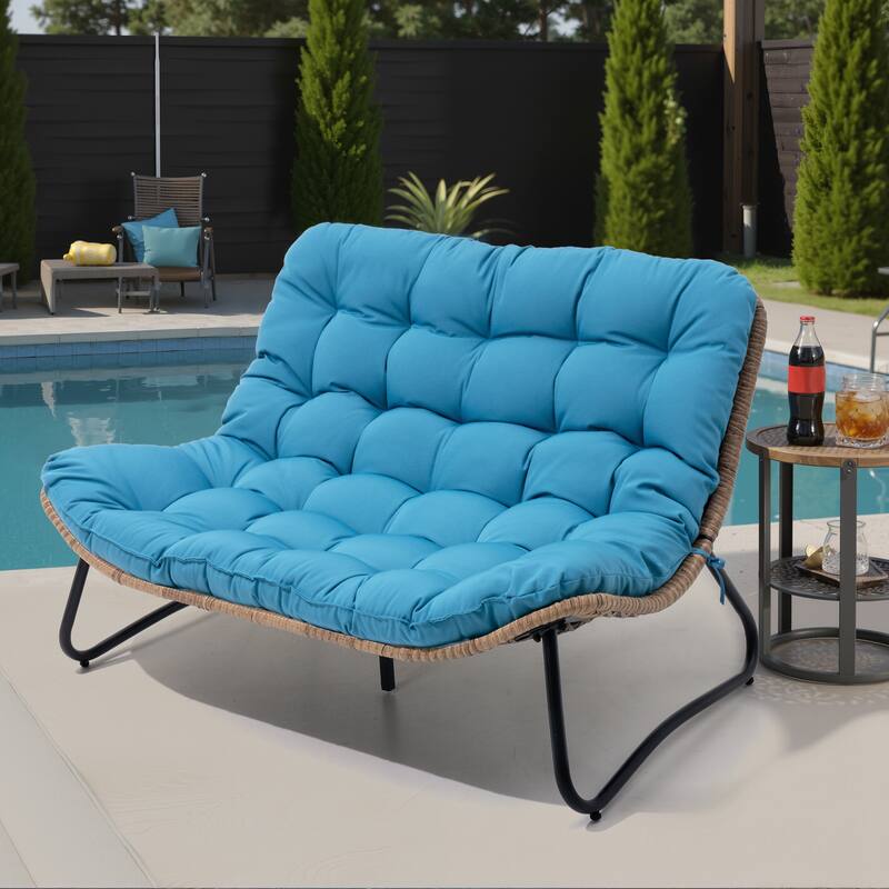 All-Weather PE Rattan Double Papasan Chair Loveseat with Soft Cushion for Indoor Outdoor