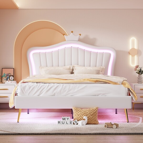 Queen Size Upholstered Bed Frame with LED Lights Modern