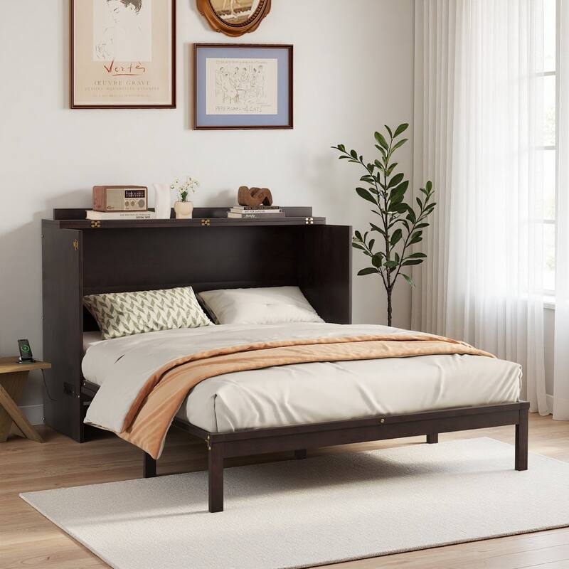 Queen Size Murphy Bed with Drawer Pine Wood Cabinet Bed with Power Station and Rattan Decoration Panel