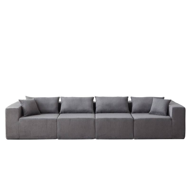 Corduroy Convertible Sectional Cloud Sofa, Foam-Filled Compressed Boneless Sofa, Modular L Shaped Floor 4 Seat Sofa