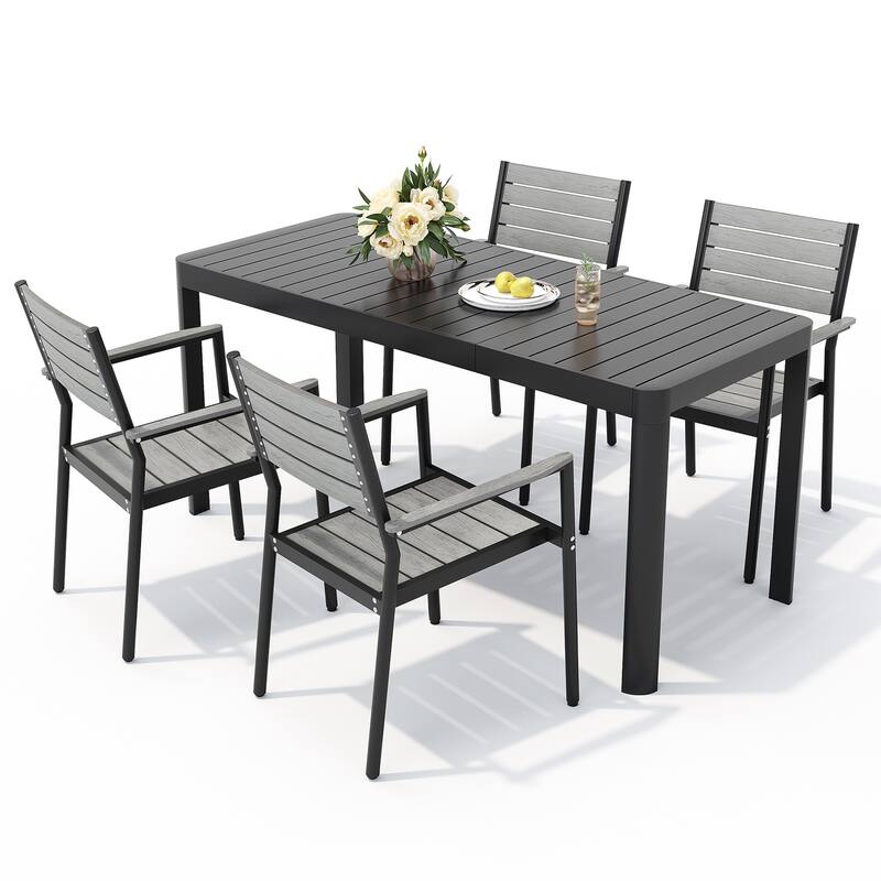 Outdoor 5/7-Piece Patio Aluminum Dining Set Stackable Chairs and Extendable Table - Black Table & Grey Chair - Set of 5