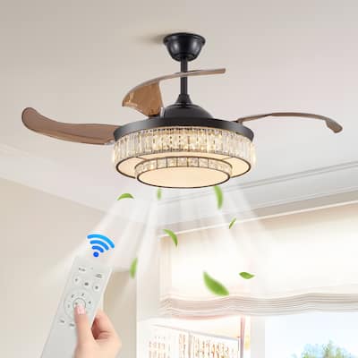 Modern Crystal Ceiling Fan Light with Light and 4 Blades, 6 Adjustable Wind Speeds for Bedroom and Living Room