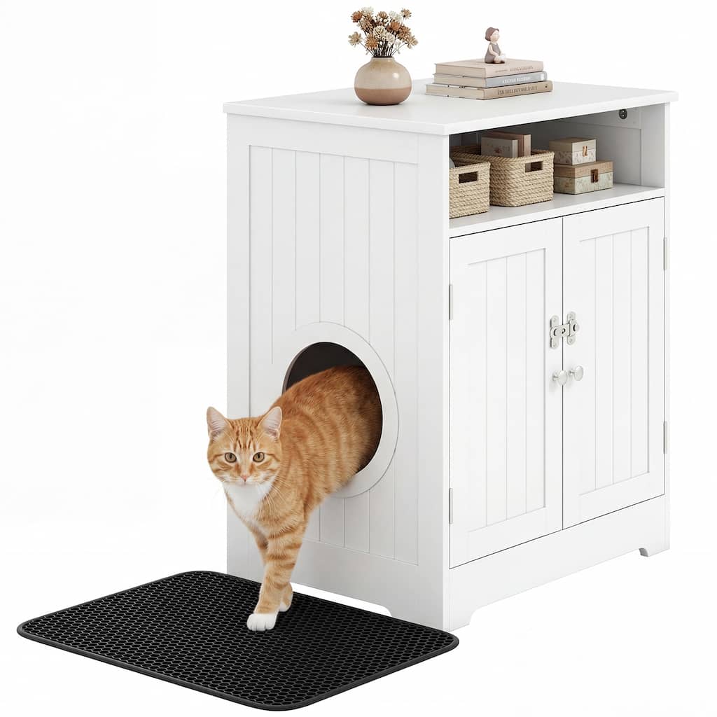 Gymax Wooden Cat Litter Box Enclosure w/ Easy Cleaning Litter Mat