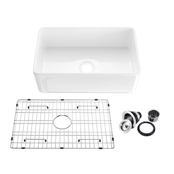 30" White Fireclay Farmhouse Undermount Kitchen Sink with Bottom Grid and Strainer. Opens flyout.