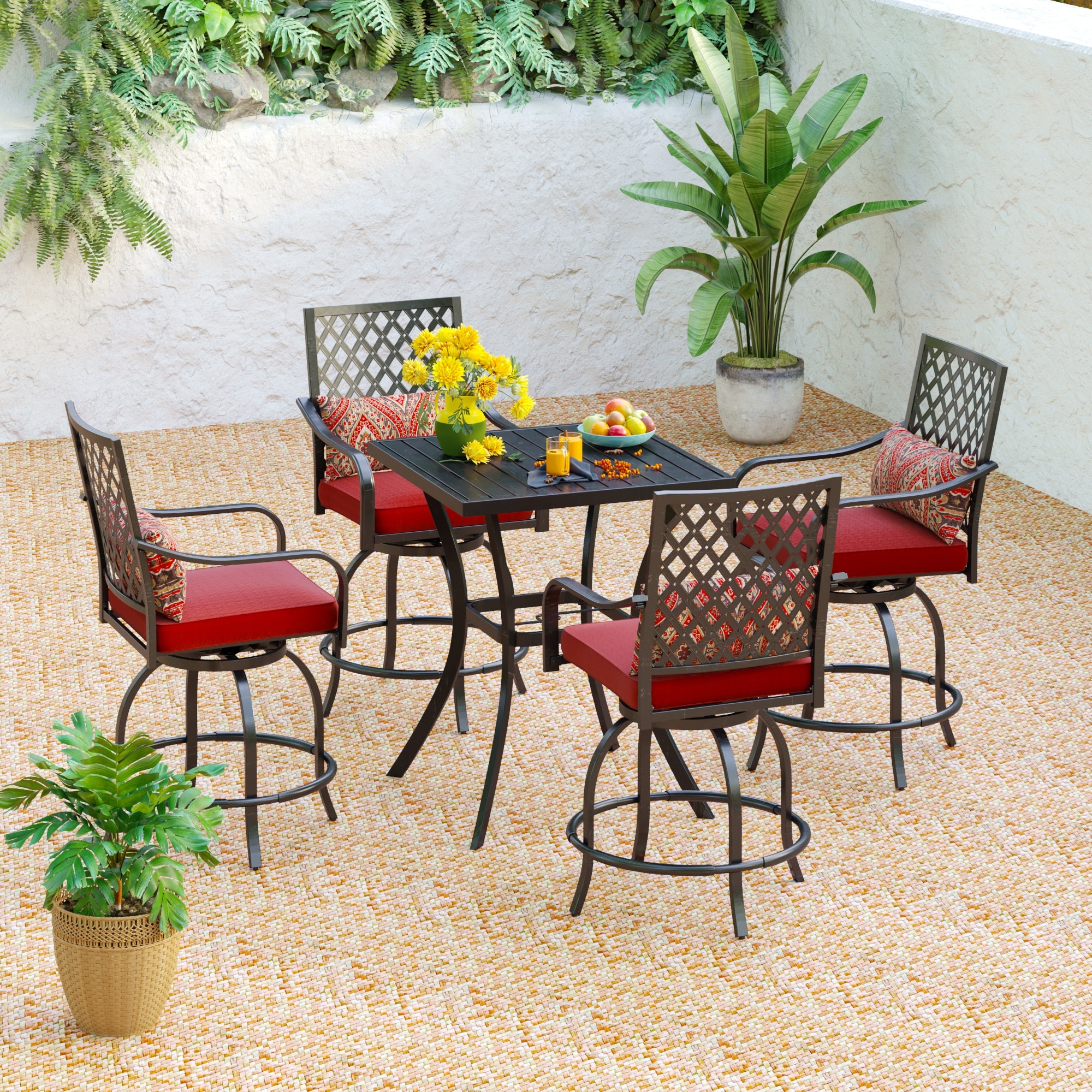 MAISON ARTS 3/5 Pieces Patio High Bar Stool Set Rattan Chair Back Cushioned High Bar stool & Steel High Table