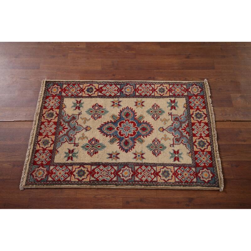 Geometric Kazak Foyer Rug Hand-Knotted Beige Wool Carpet - 1'11" x 2'11"
