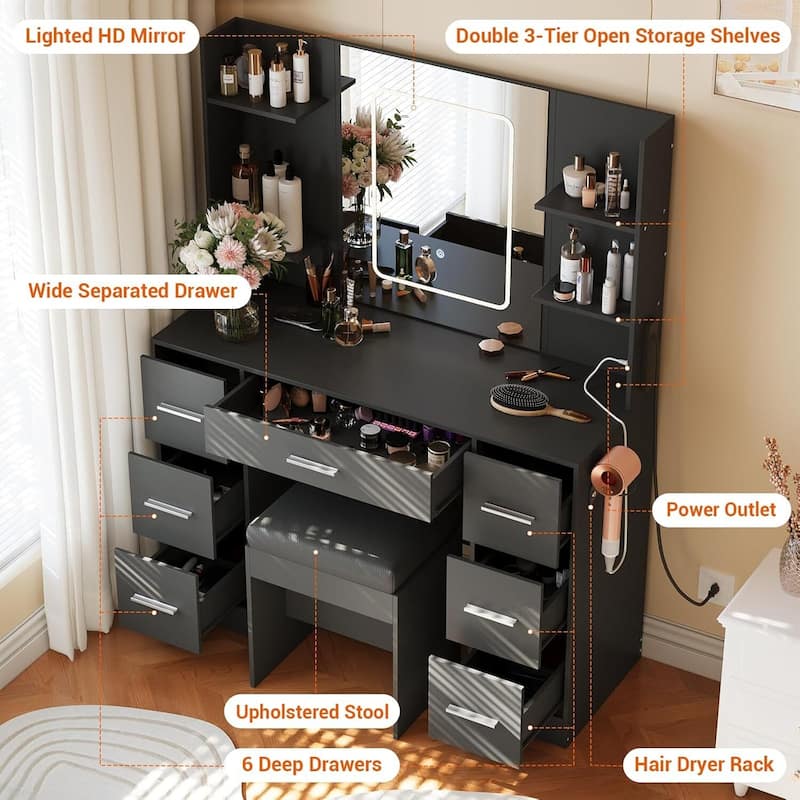 7 Drawers Vanity Desk, Makeup Vanity Table with Touch LED Light Mirror