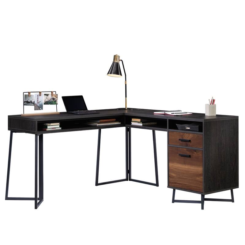 Wood L-Shaped Desk with 2 Drawers and Cubbyholes, Dark Walnut