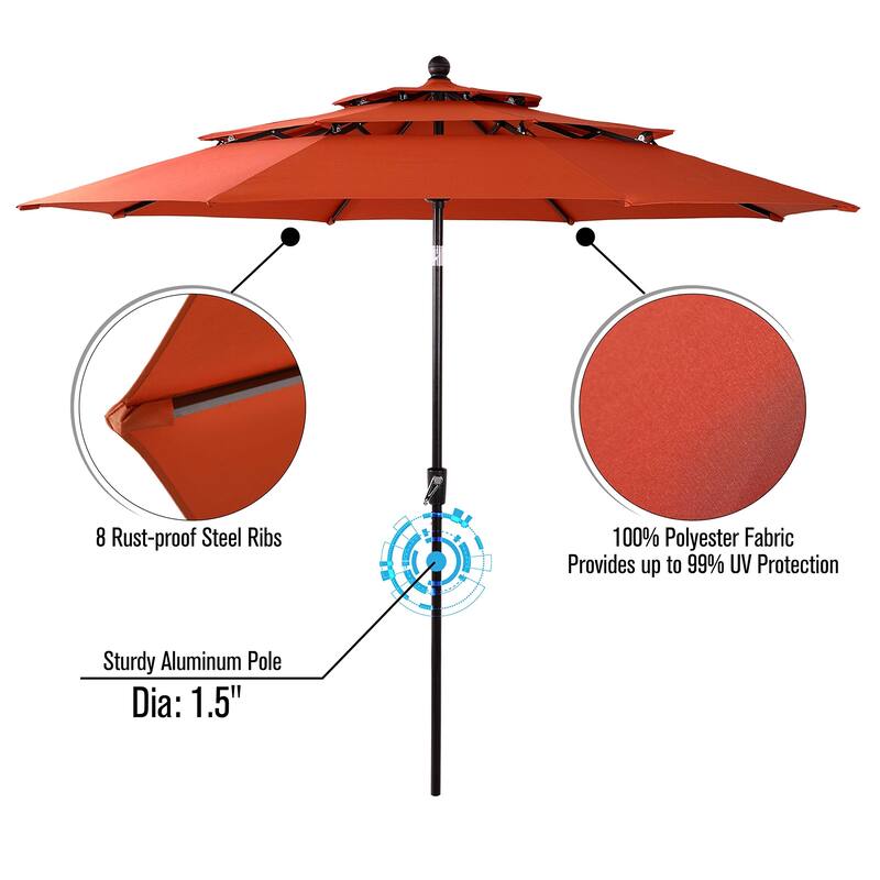 PHI VILLA 10ft 3 Tier Autotilt Patio Umbrella Outdoor Double Vented