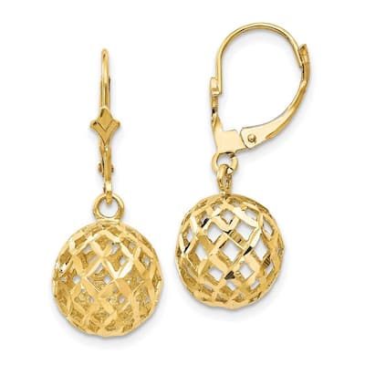 Curata 14k Yellow Gold Diamond Cut Mesh Ball Dangle Leverback Earrings 29x12mm