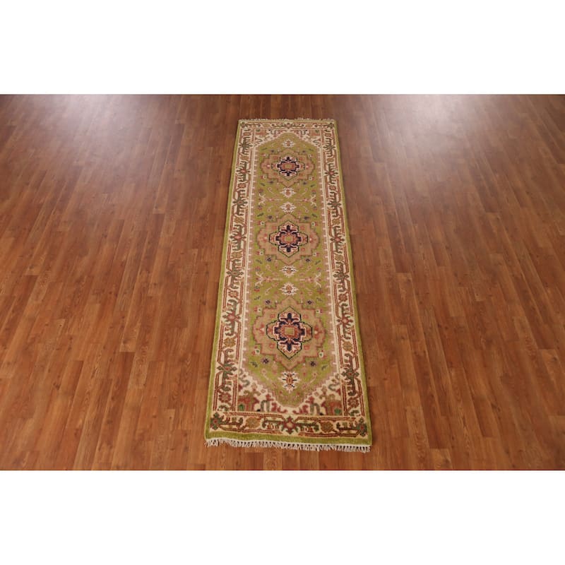 Green Geometric Heriz Serapi Indian Runner Rug Handmade Wool Carpet - 2'6" x 8'1"
