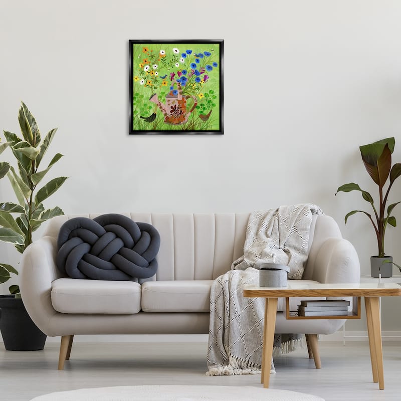 Stupell Bright Gardening Can & Birds Framed Floater Canvas Wall Art Design By Kay Widdowson