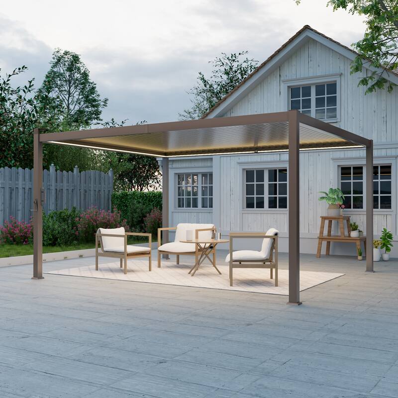 LIVOOSUN Outdoor Detachable Control Panel LED Equipped Pergola, Solar and USB Charging Options, Brown - 12' x 14'