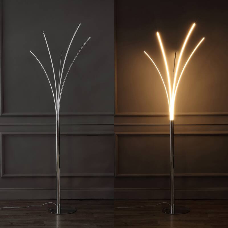 Dante 71" Modern Minimalist Metal 5-Branch Arc Dimmable Integrated LED Floor Lamp with Remote Control, Chrome, by JONATHAN Y